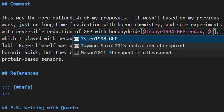 Fig. 2. Cite as you go with Quarto in VSCode.